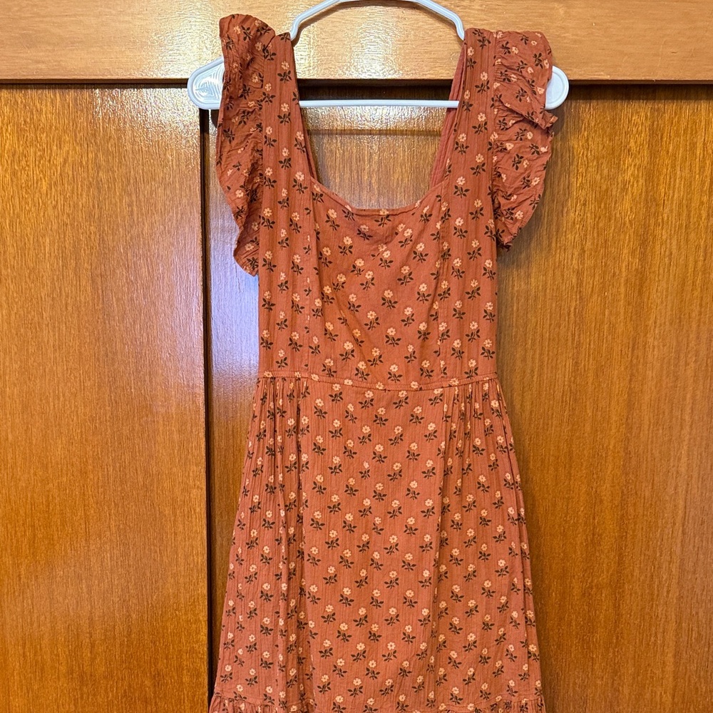 Madewell Rust Floral Mini Dress with Ruffle Sleeves